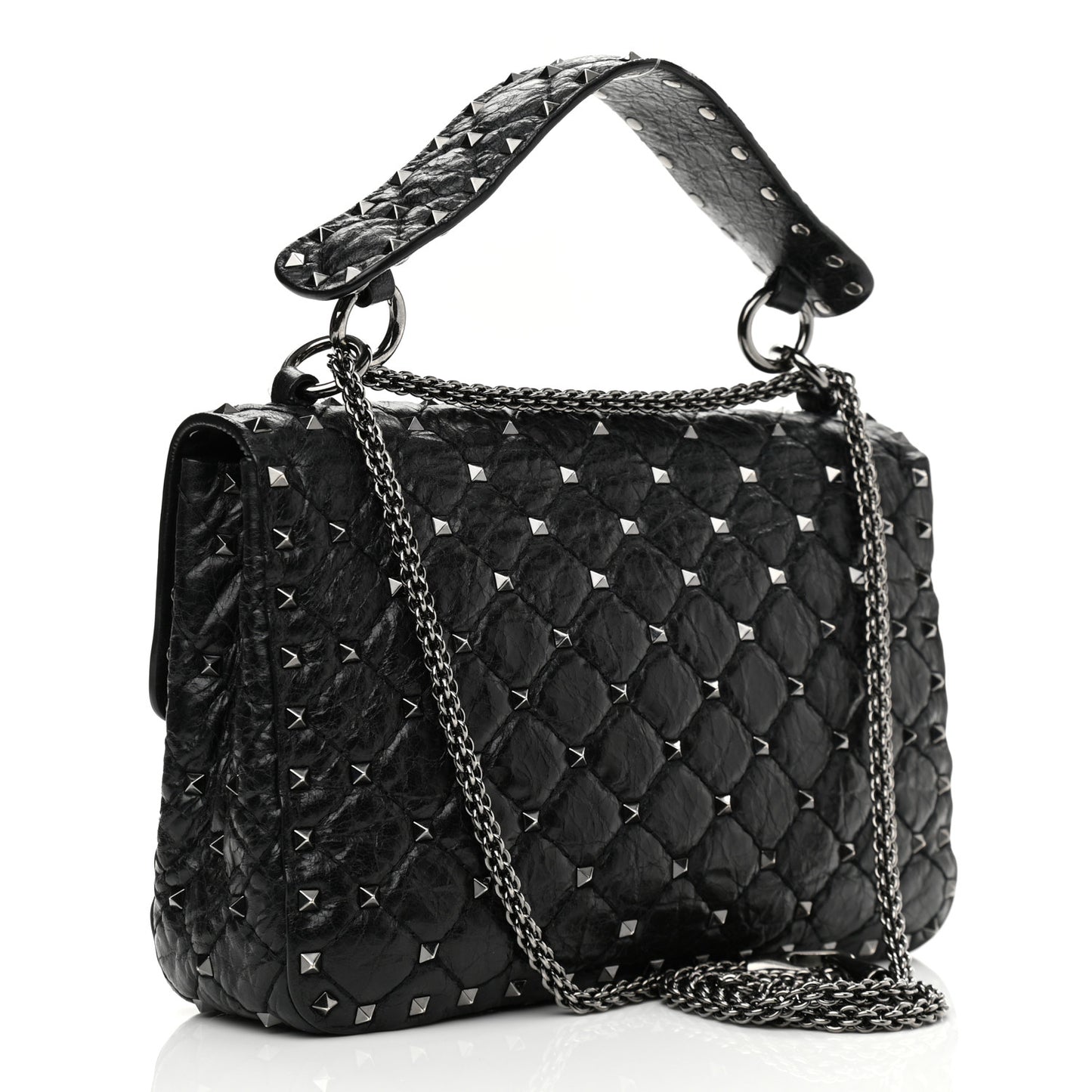 Craquele Nappa Medium Rockstud Spike Shoulder Bag Black