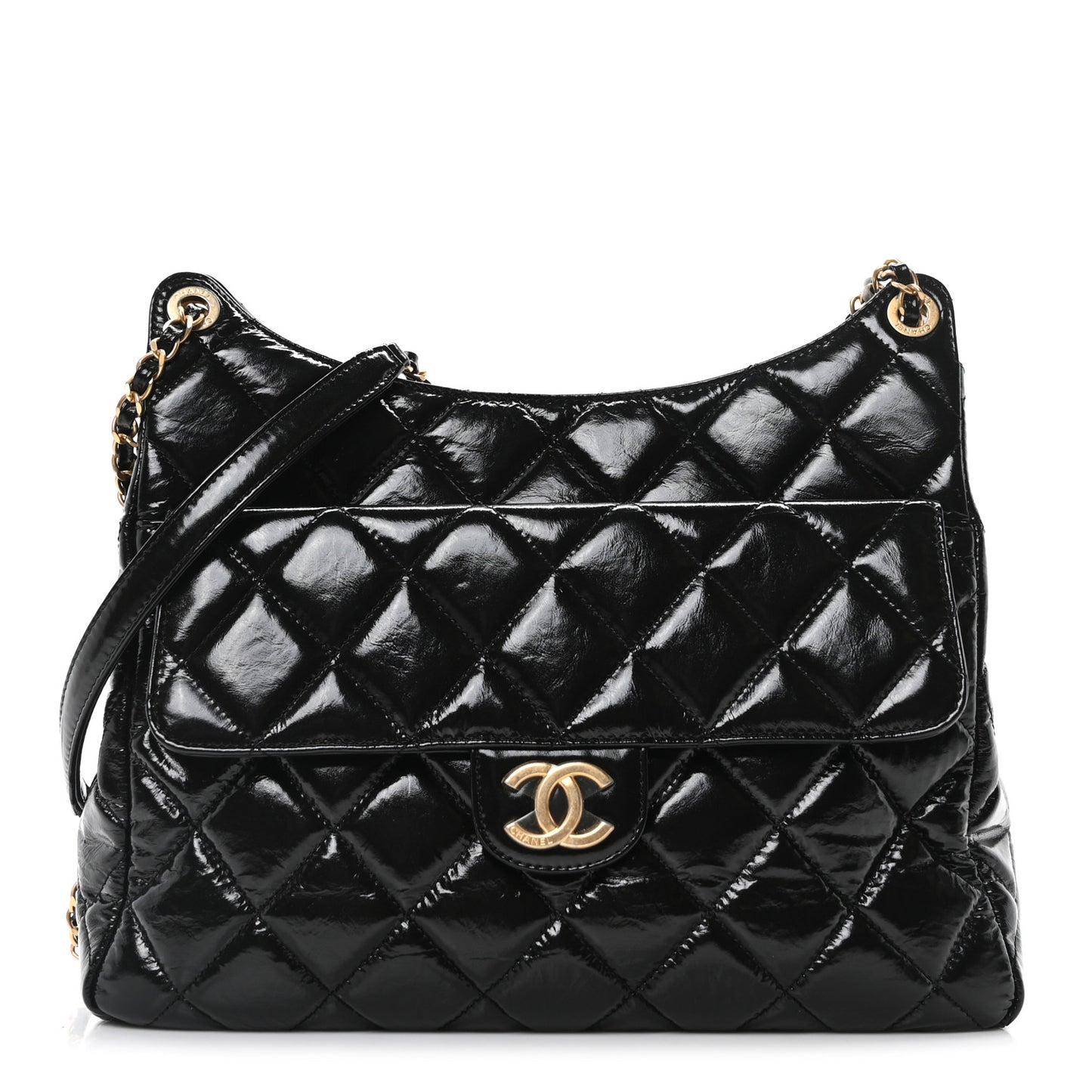 Shiny Crumpled Calfskin Quilted Large Wavy CC Hobo Black