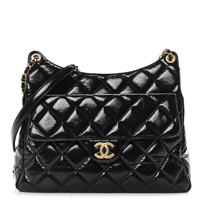 Chanel Shiny Crumpled Calfskin Quilted Large Wavy CC Hobo Black 1 of 9