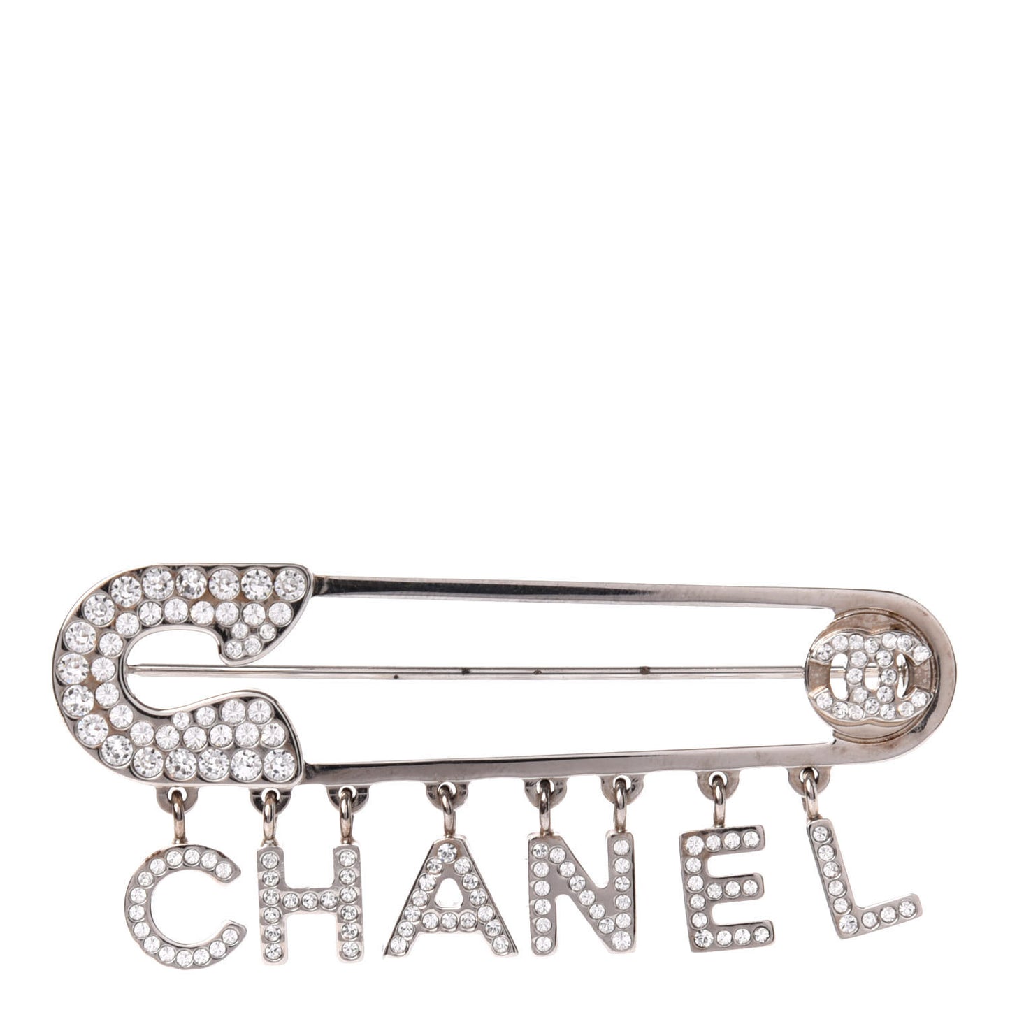 Crystal Safety Pin Brooch Silver