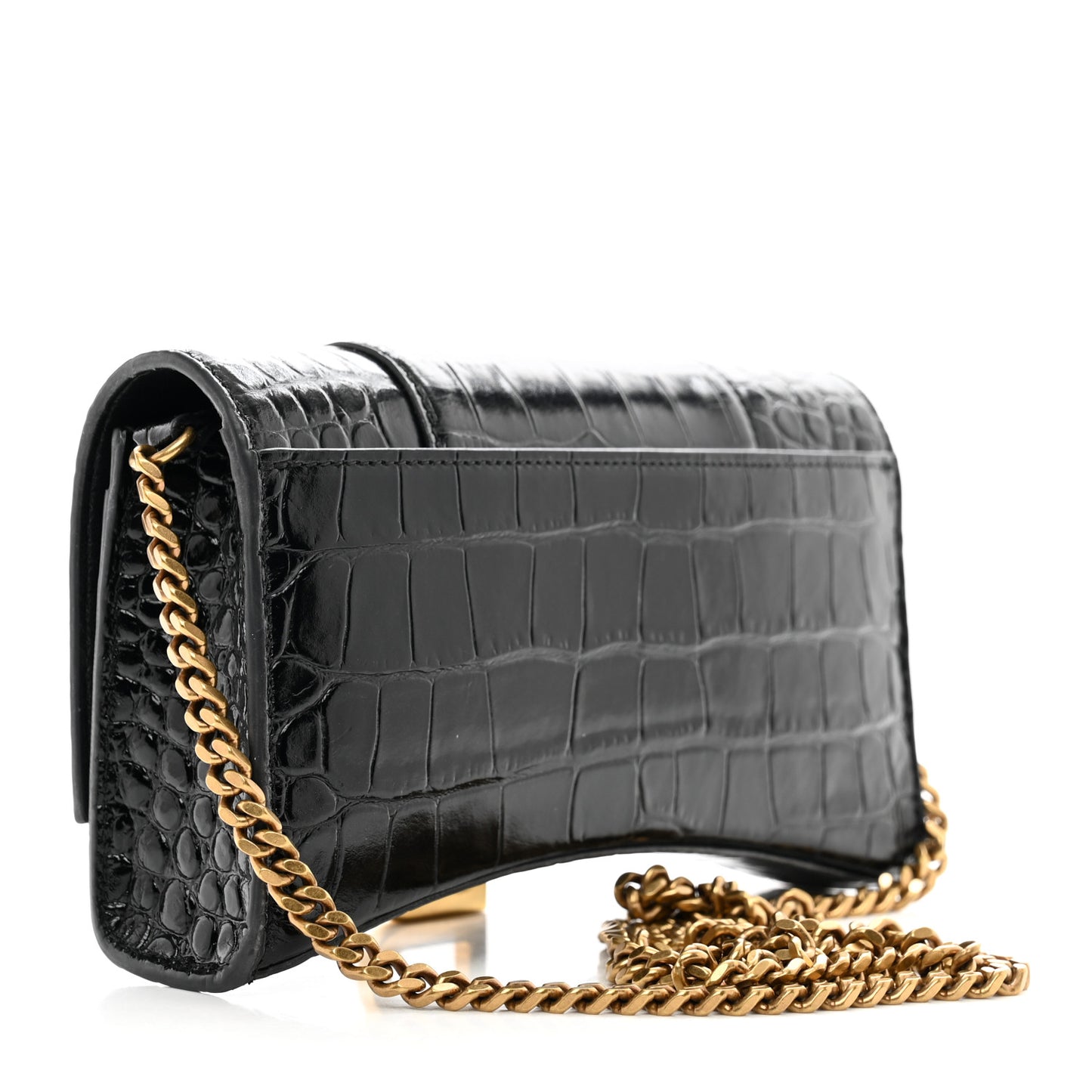 Shiny Calfskin Crocodile Embossed Hourglass Chain Bag Black