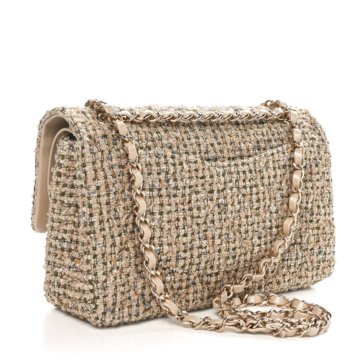 Tweed Quilted Medium Double Flap Beige Gold Multicolor