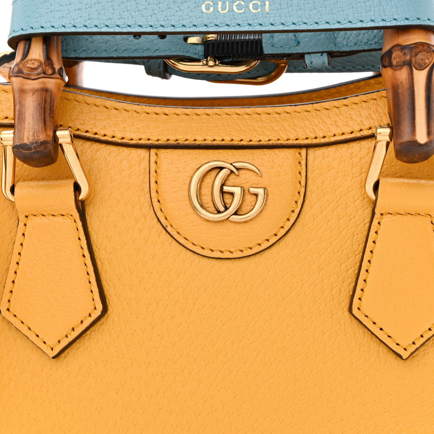 Textured Dollar Calfskin Web Mini Diana Tote Bag Yellow Dusty Azure