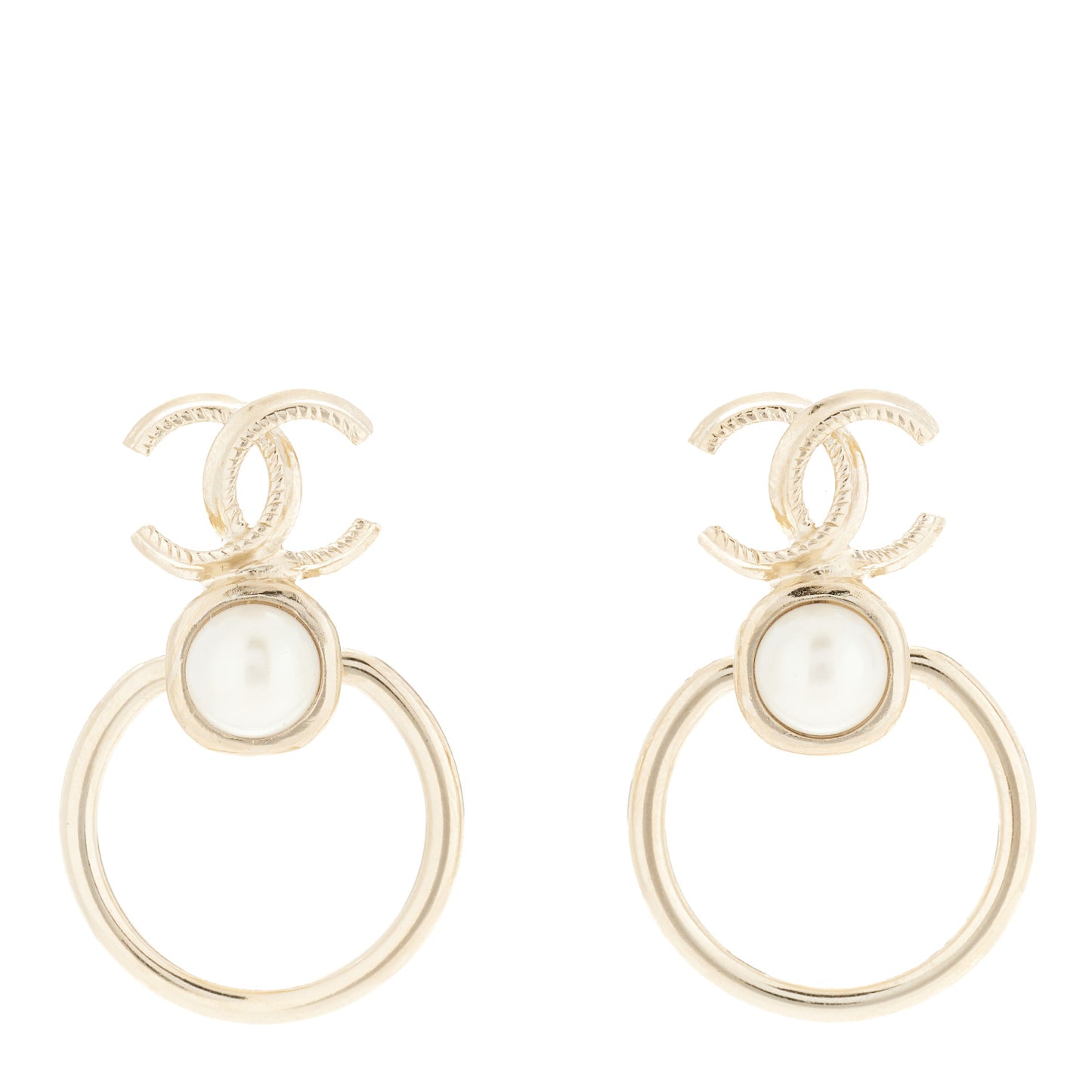 Metal Pearl CC Hoop Drop Earrings Gold