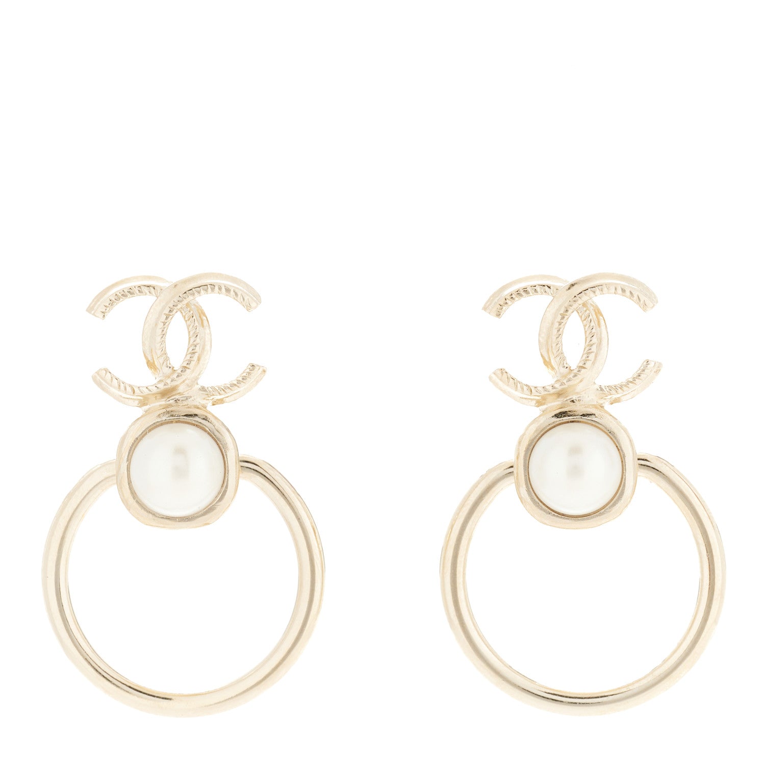Chanel Metal Pearl CC Hoop Drop Earrings Gold 1 of 4