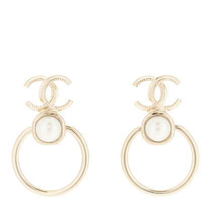 Chanel Metal Pearl CC Hoop Drop Earrings Gold 1 of 4