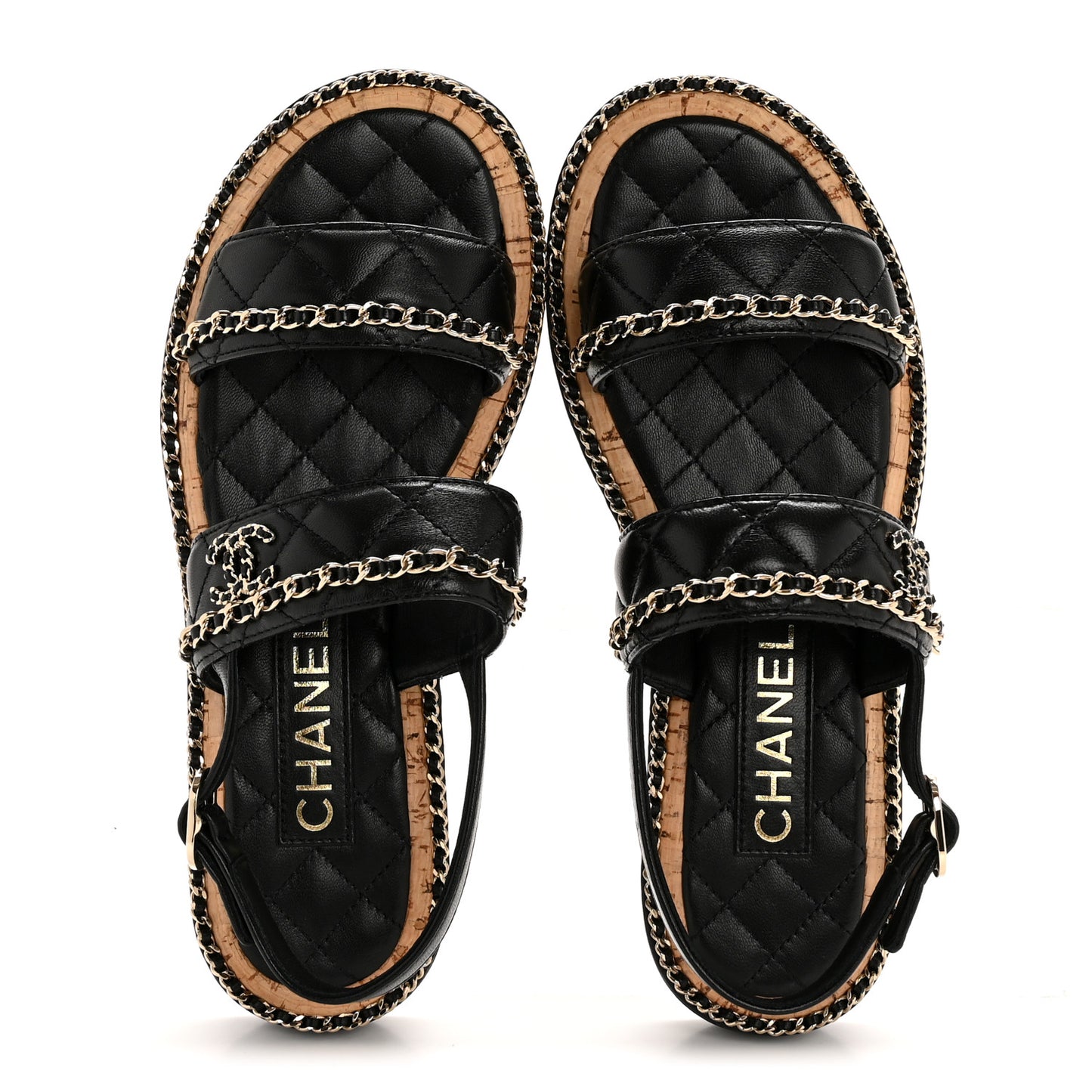 Shiny Lambskin Quilted Chain CC Sandals 36.5 Black