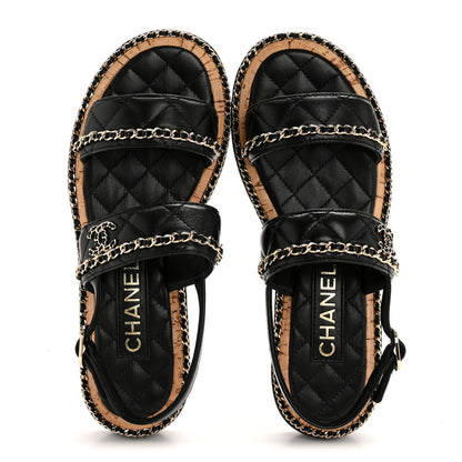 Chanel Shiny Lambskin Quilted Chain CC Sandals 36.5 Black 2 of 10
