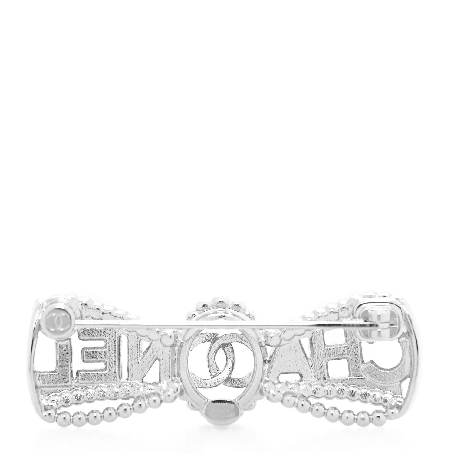 Chanel Metal Crystal CC Logo Bow Brooch Silver 2 of 3