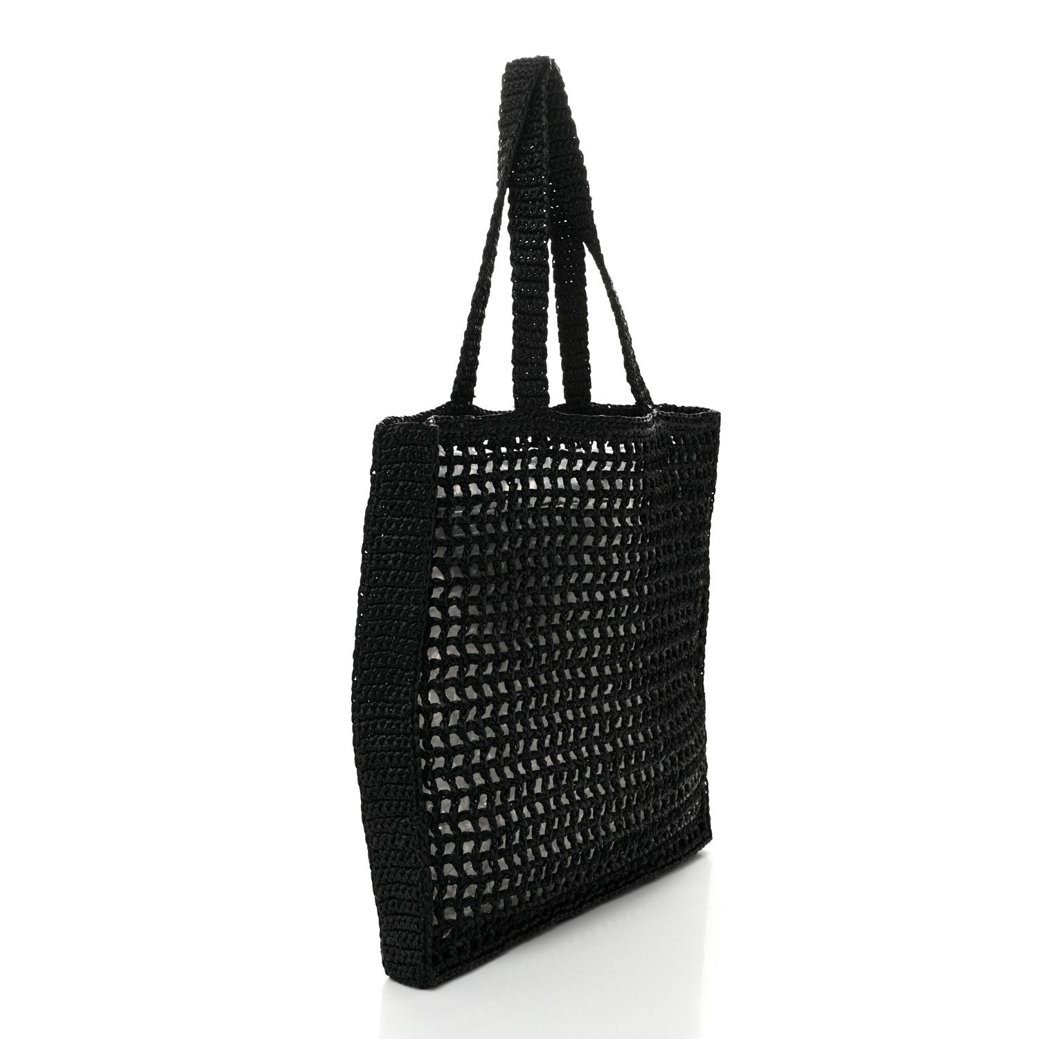 Prada Yarn Raffia Effect Crochet Logo Embroidered Tote Bag Black 3 of 9