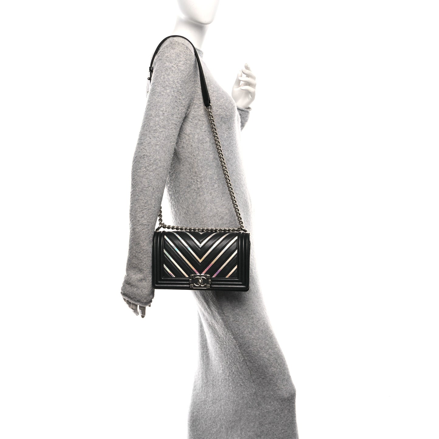 Lambskin Iridescent PVC Chevron Quilted Medium Boy Flap Black Silver