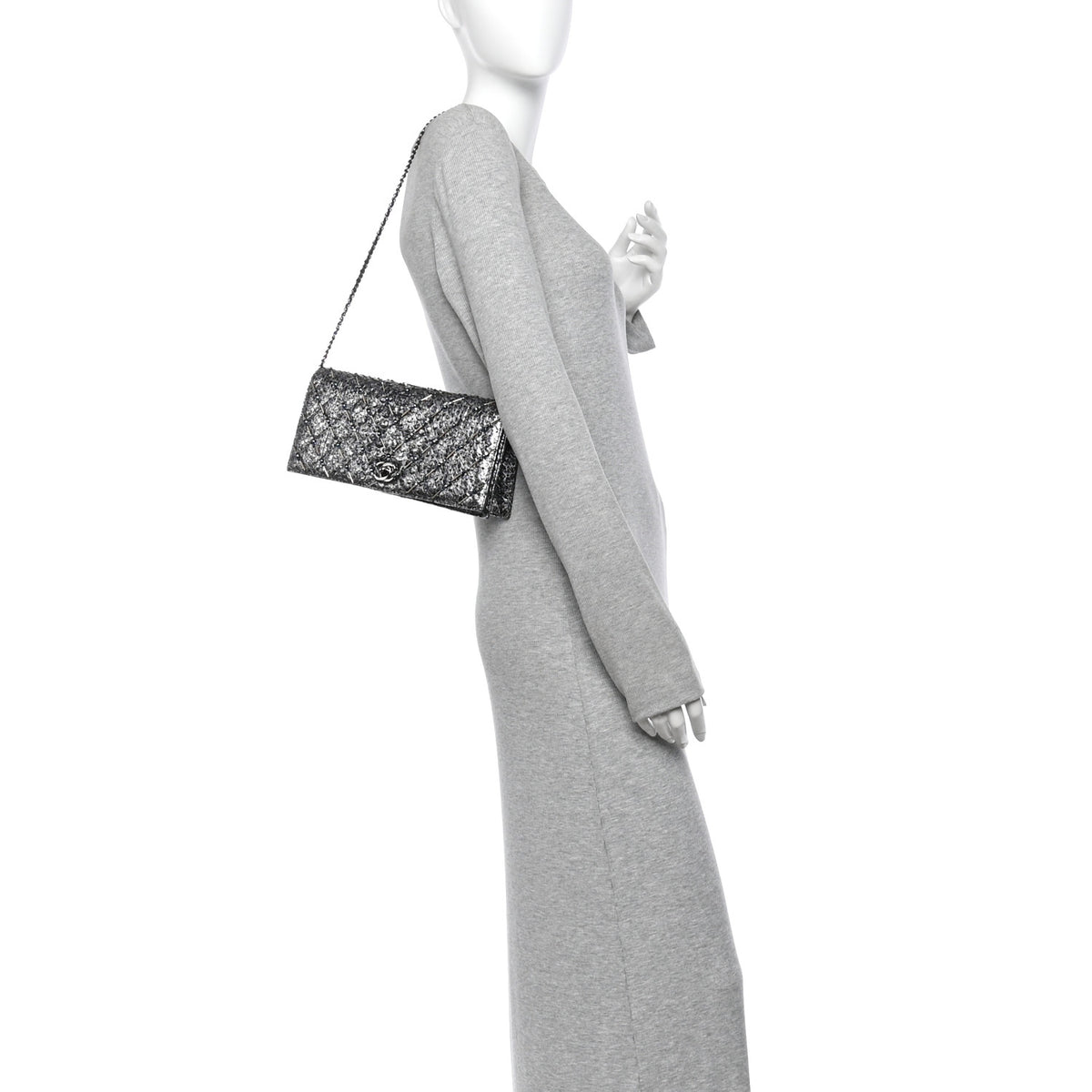 Metallic Snakeskin Quilted Beaded Chain Clutch Black Silver