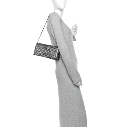 Chanel Metallic Snakeskin Quilted Beaded Chain Clutch Black Silver 3 of 23