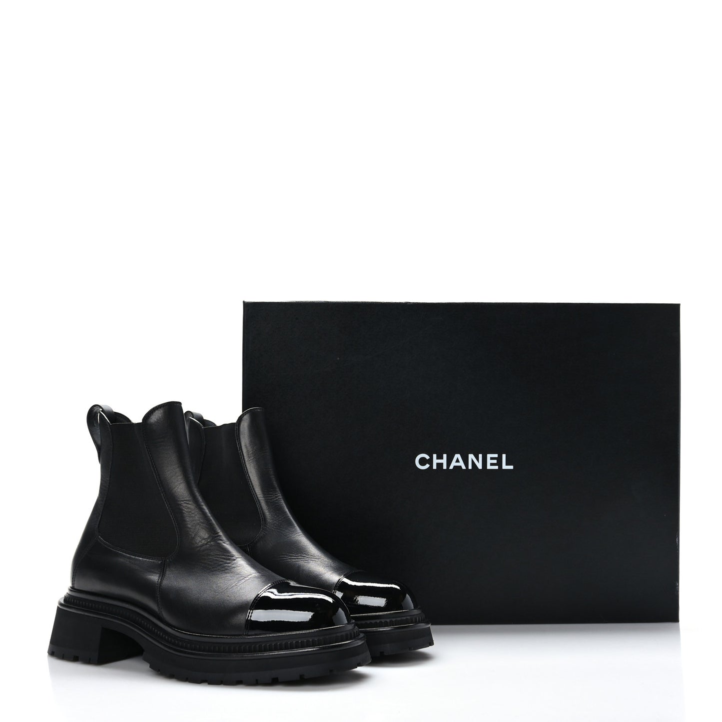 Calfskin Patent Cap Toe Ankle Boots 40.5 Black