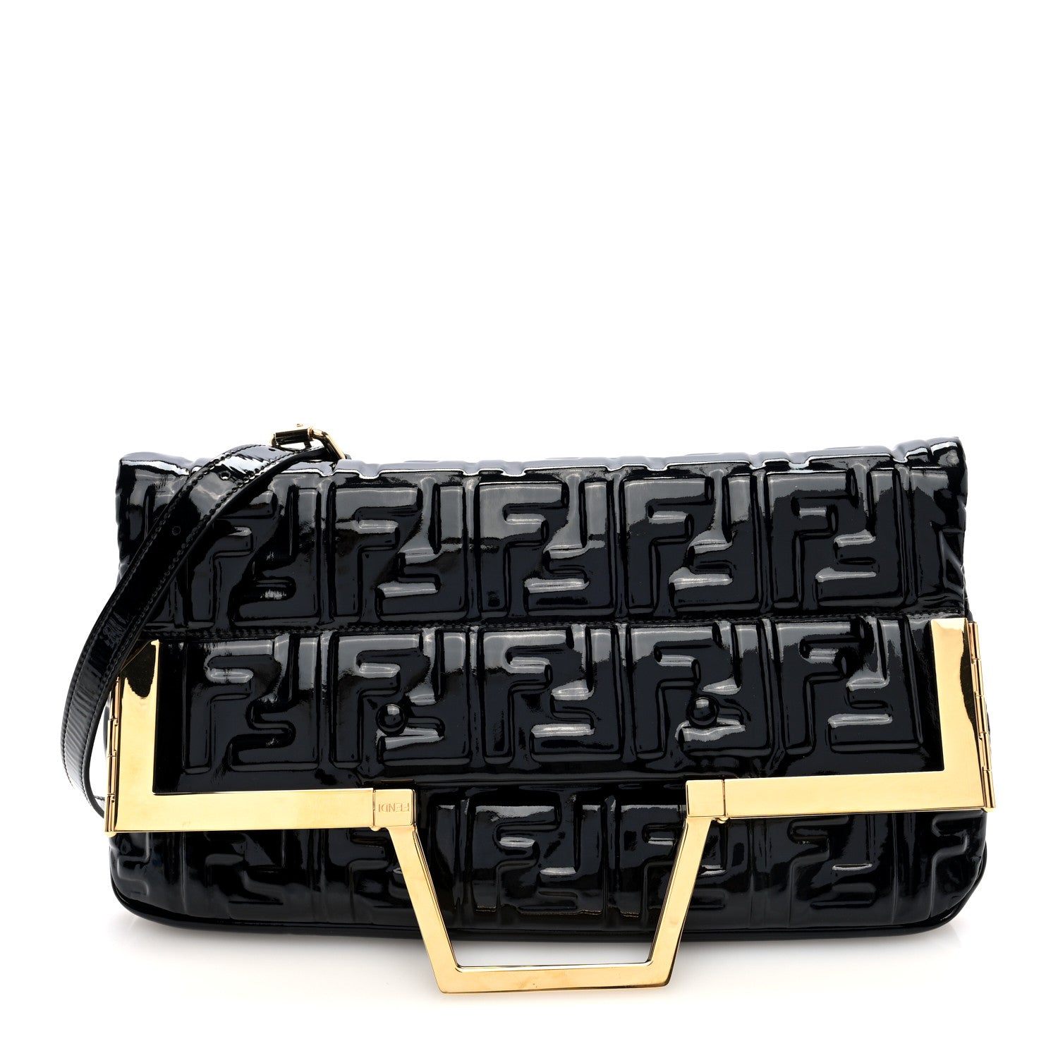 Fendi Patent FF 1974 Embossed Medium Shopping Flap Bag Black 1 of 9