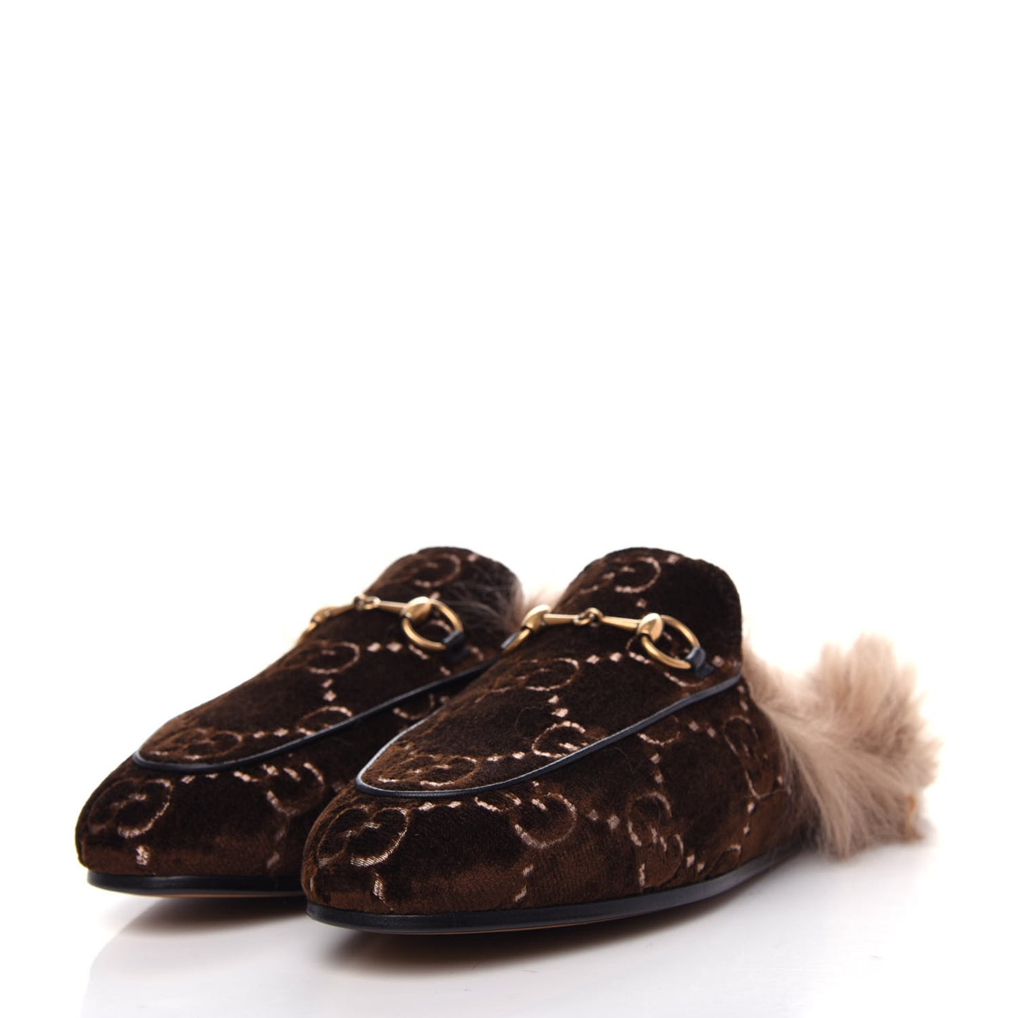 Velvet GG Monogram Fur Womens Princetown Slippers 37.5 Brown Black Natural