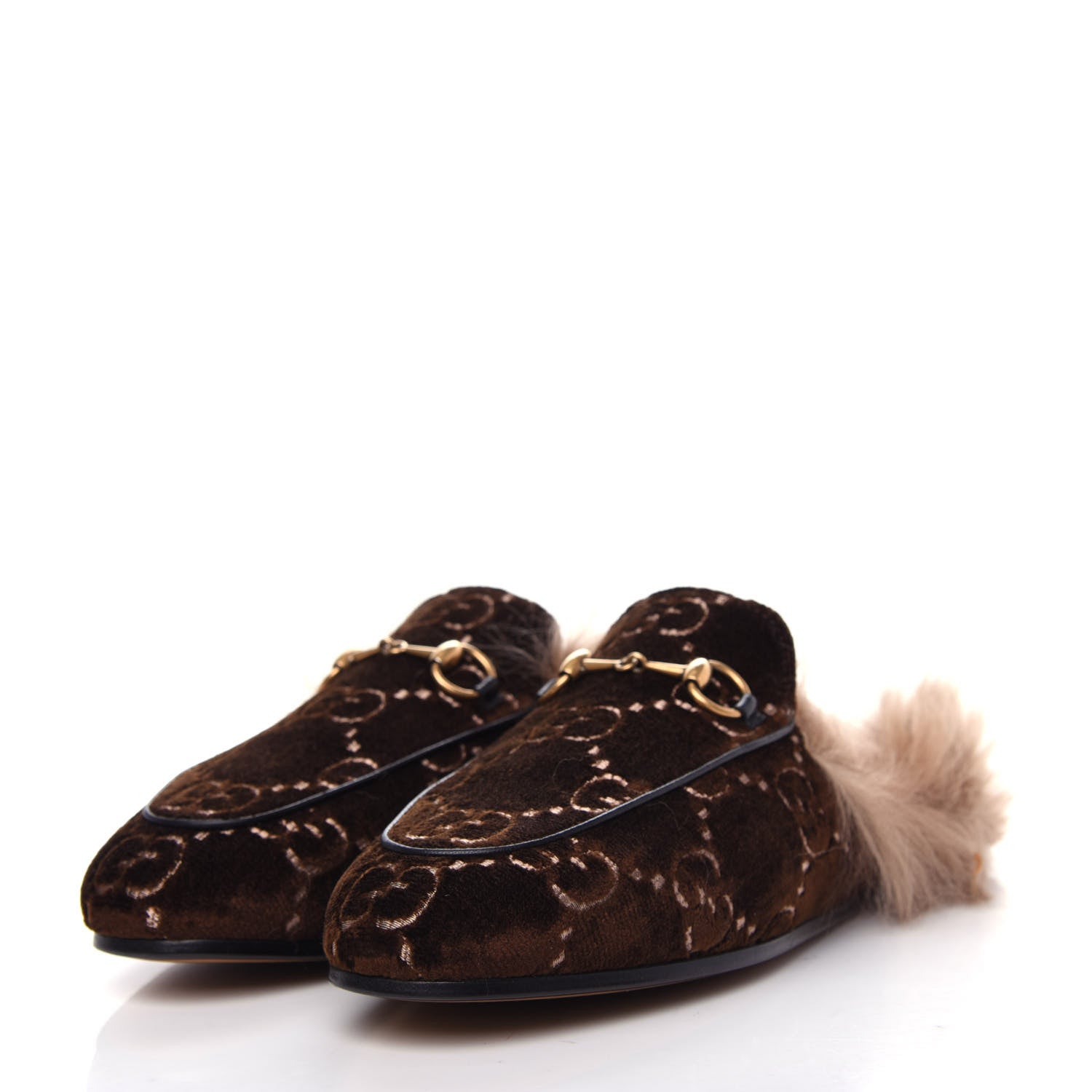 Gucci Velvet GG Monogram Fur Womens Princetown Slippers 37.5 Brown Black Natural 3 of 10