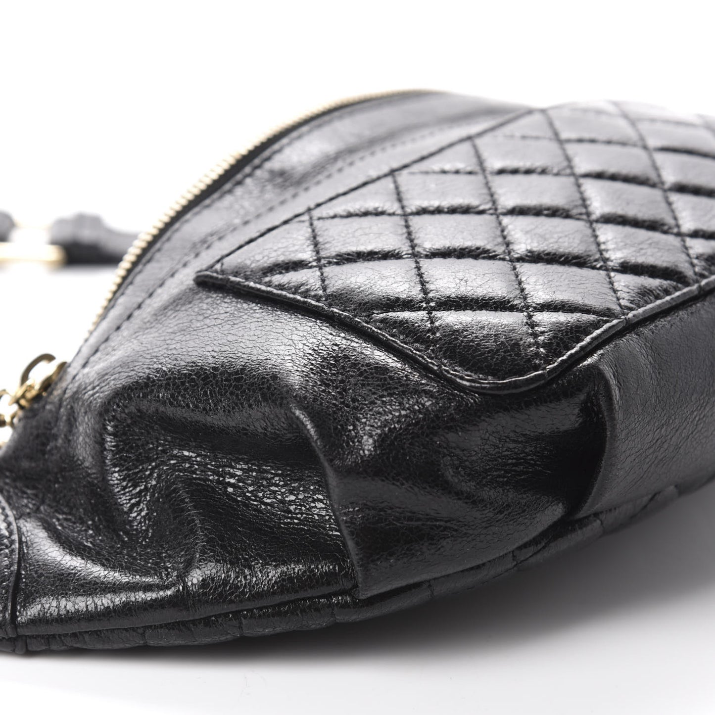 Crumpled Glazed Lambskin Quilted Waist Bag Fanny Pack Black