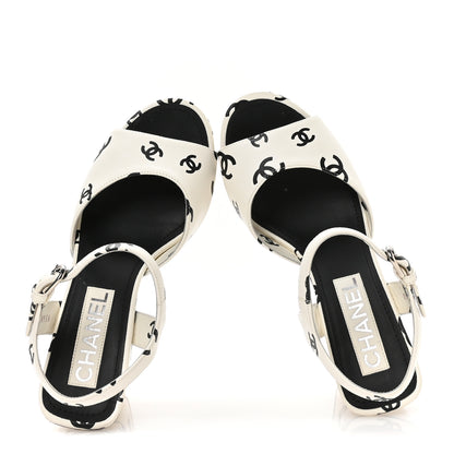 Chanel Printed Lambskin Coco Beach Platform Sandals 37 White Black 2 of 8