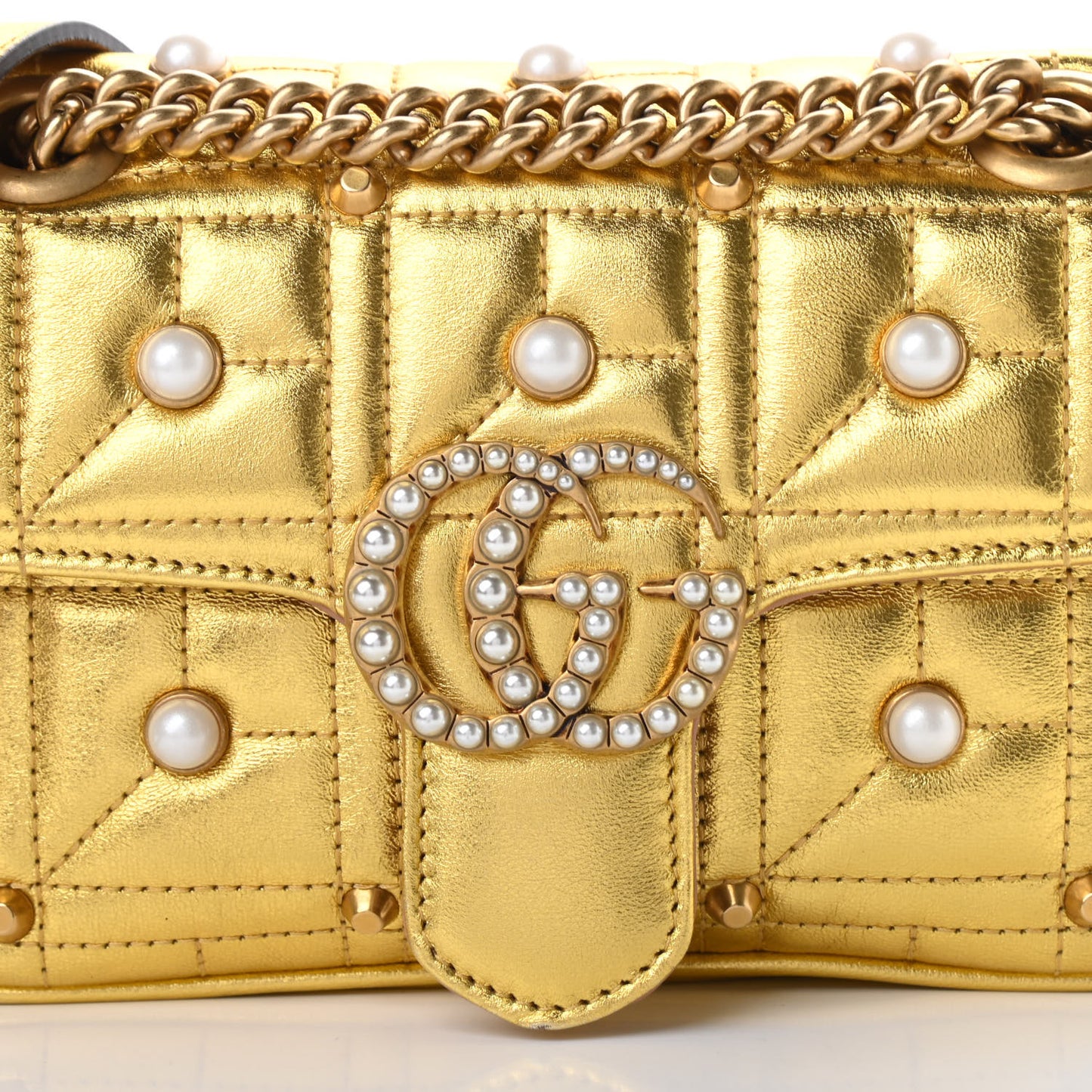 Metallic Calfskin Matelasse Studded Mini Pearly GG Marmont Shoulder Bag Gold
