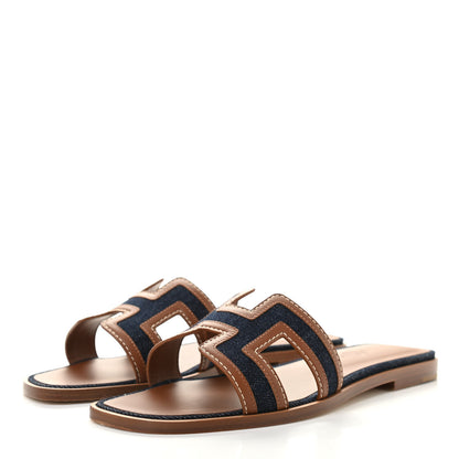 Hermes Calfskin Denim Oran Sandals 37.5 Bleu Brut Gold 3 of 8