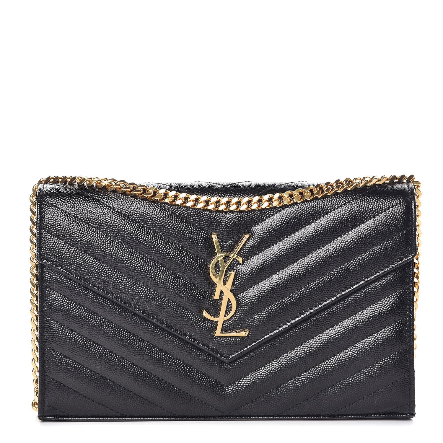 Saint Laurent Grain De Poudre Matelasse Chevron Monogram Chain Wallet Black 1 of 8