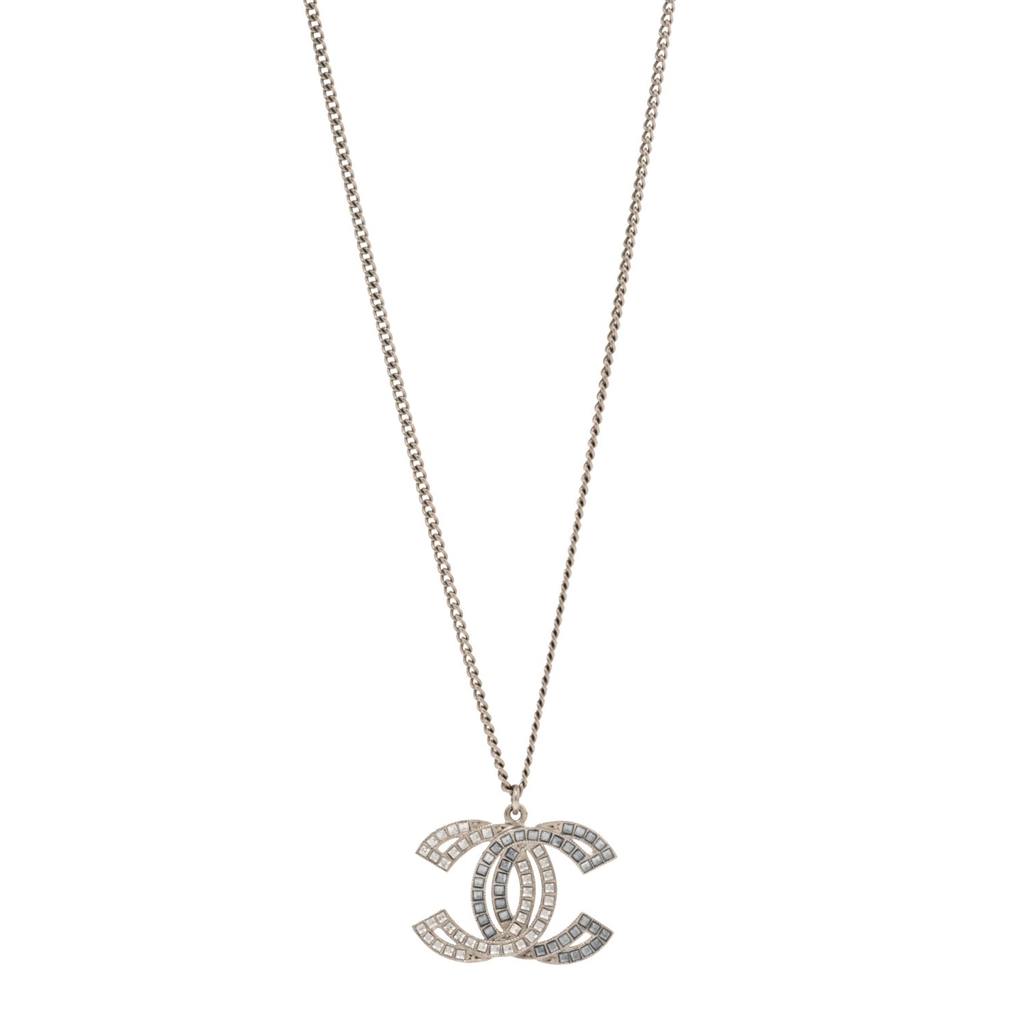 Metal Crystal Baguette CC Pendant Necklace Silver