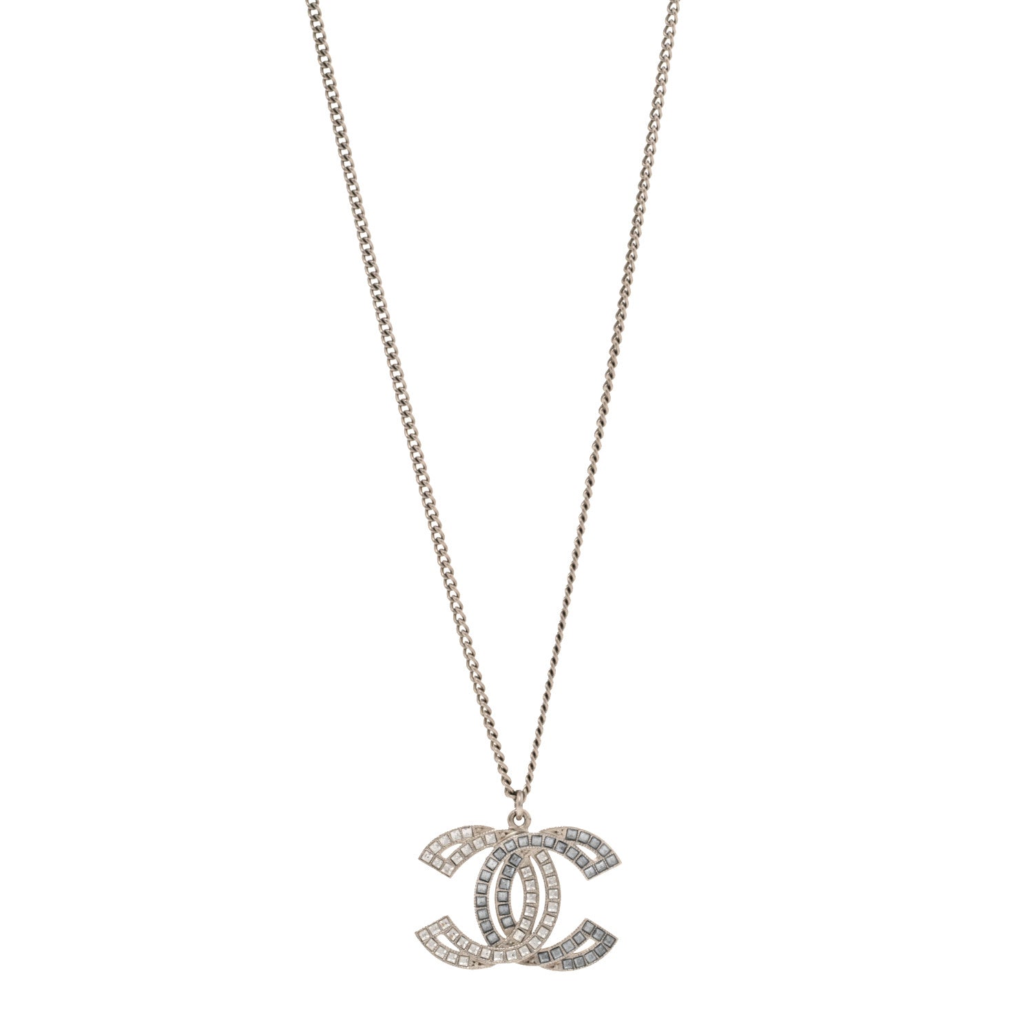 Chanel Metal Crystal Baguette CC Pendant Necklace Silver 1 of 4