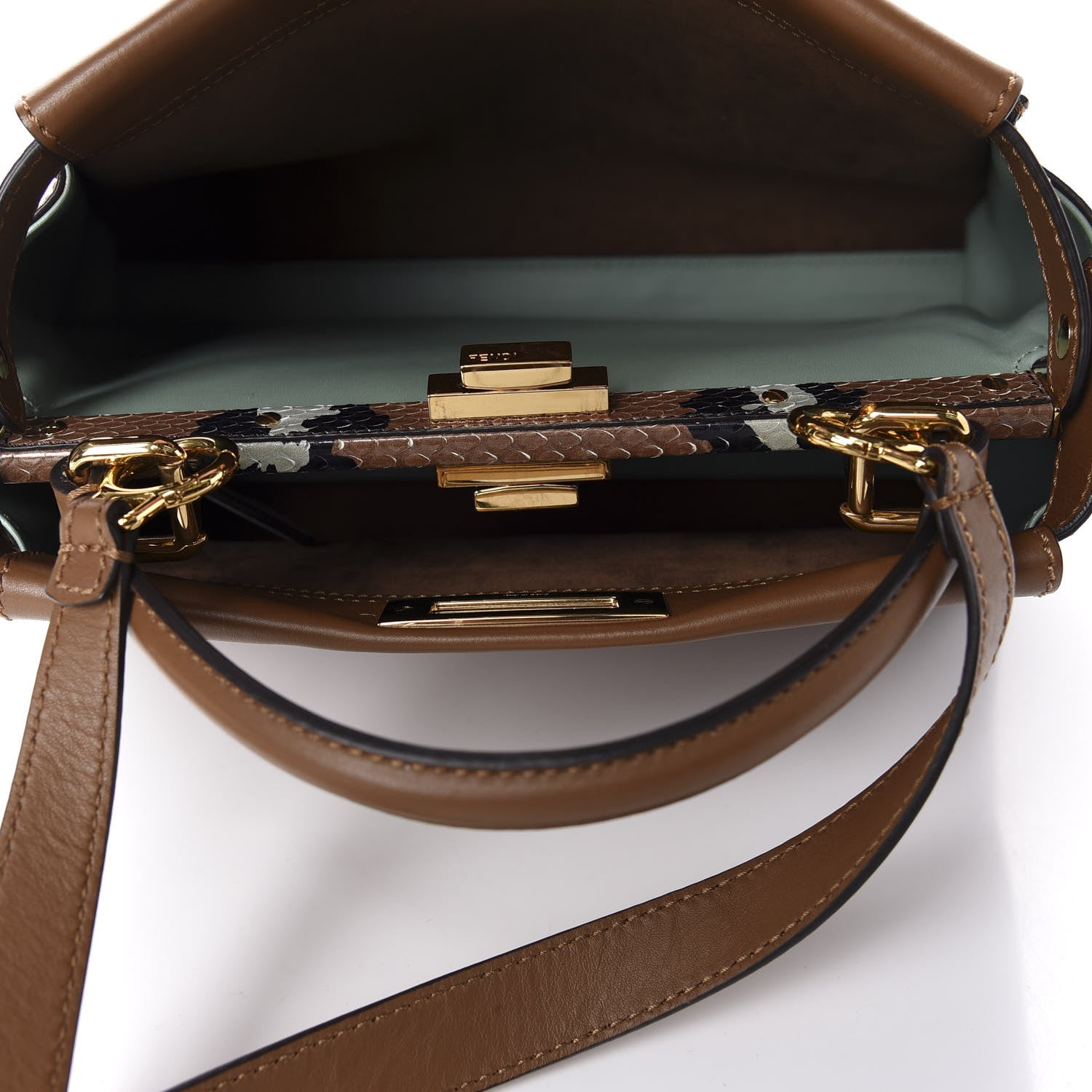 Fendi Vitello Seta Shiny Nappa Ayers Medium Peekaboo Iconic Satchel Brownie Menta 7 of 12