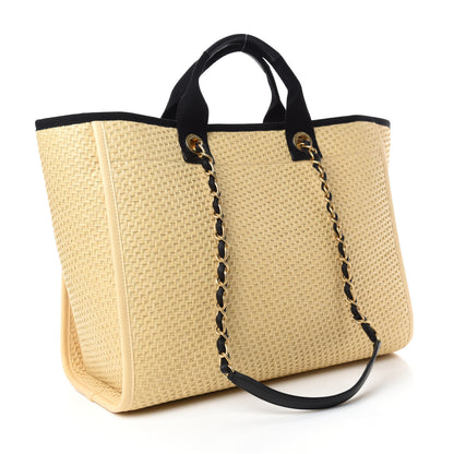 Chanel Straw Raffia Calfskin Chain Medium Deauville Tote Beige Black 3 of 10