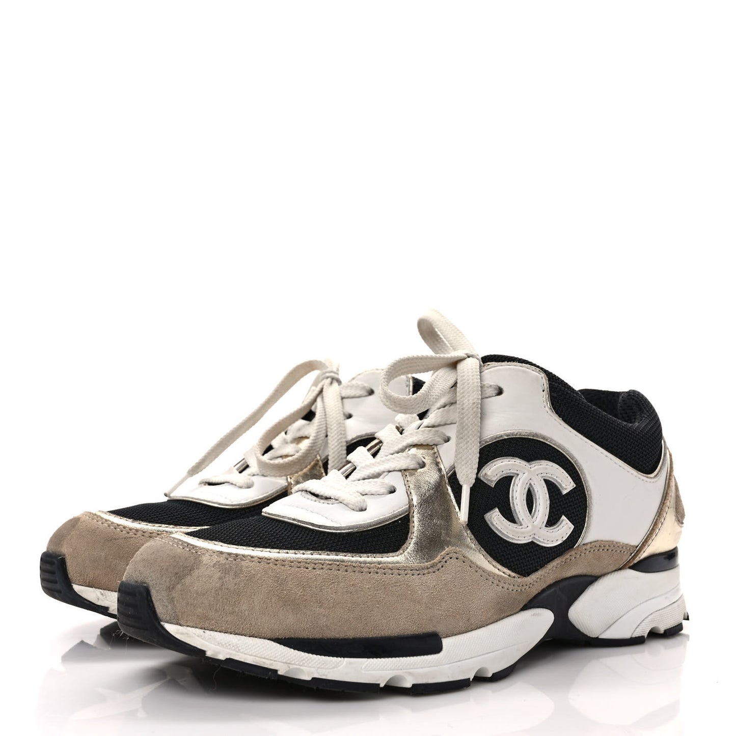Mesh Suede Calfskin Womens CC Sneakers 38.5 White Black Beige Gold