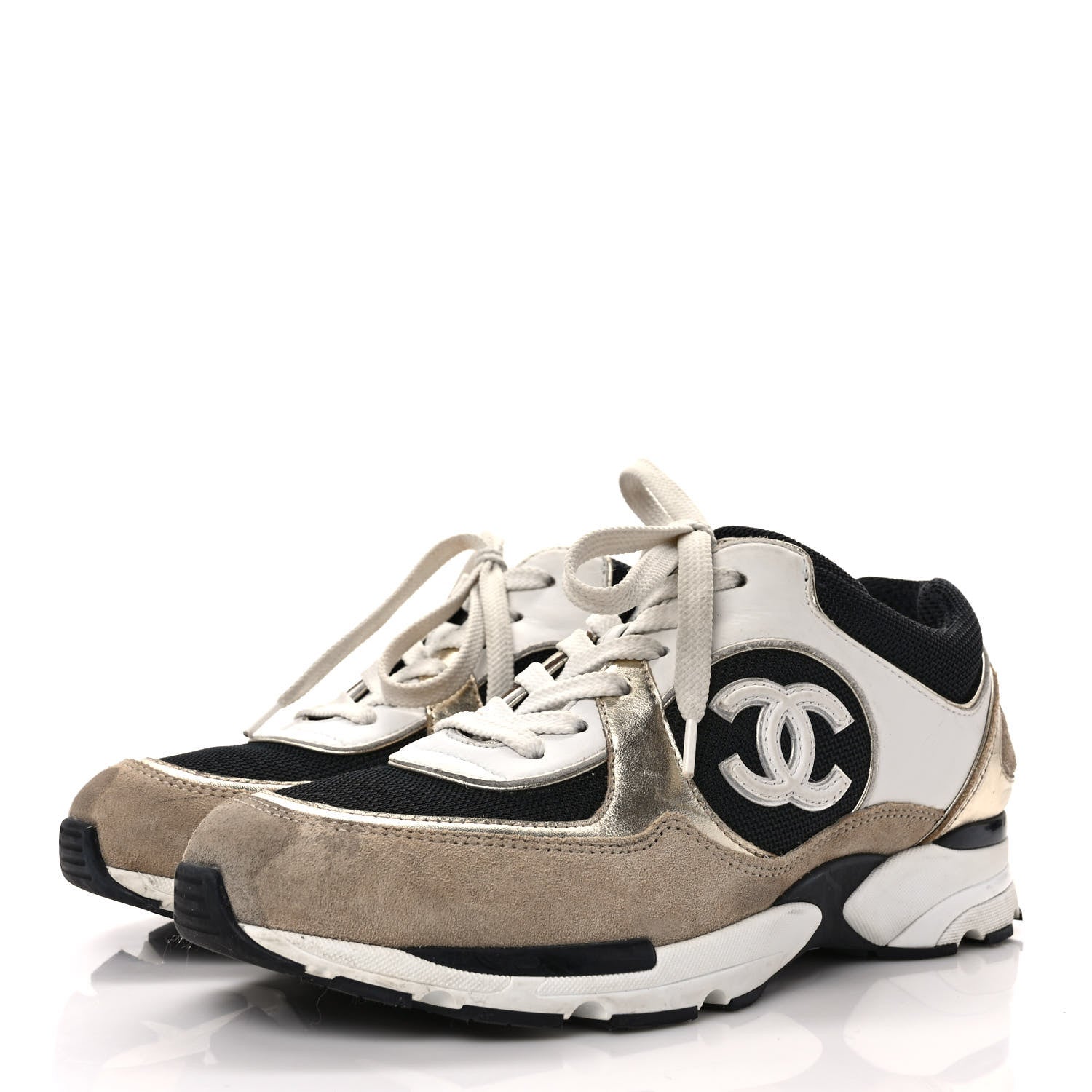 Chanel Mesh Suede Calfskin Womens CC Sneakers 38.5 White Black Beige Gold 3 of 11