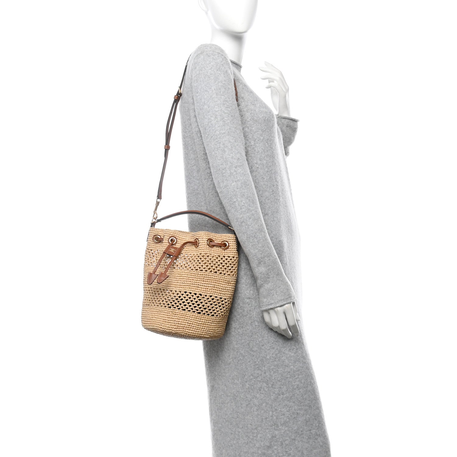 Celine Raffia Woven Clara Drawstring Bucket Bag Natural Tan 2 of 9