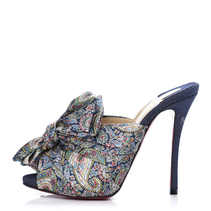 Christian Louboutin Satin Paisley Denim Moniquissima 120 Platform Slide Sandals 37 Positano Blue 1 of 10