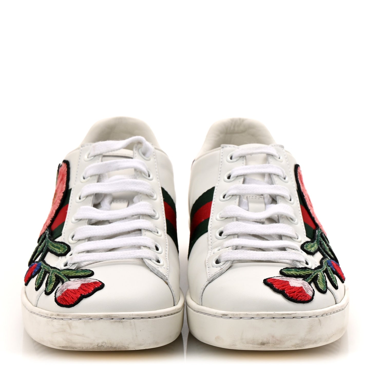 Calfskin Web Floral Embroidered Womens Ace Sneakers 37 White