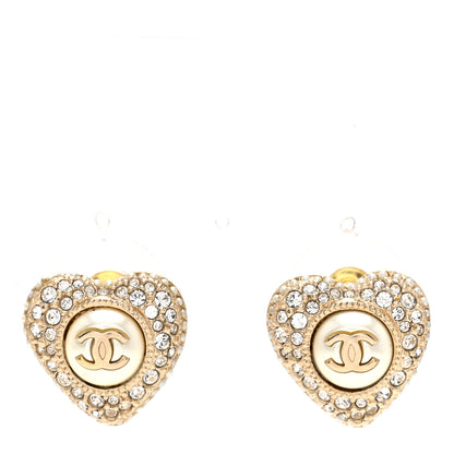 Chanel Pearl Crystal CC Heart Earrings Gold White 1 of 5