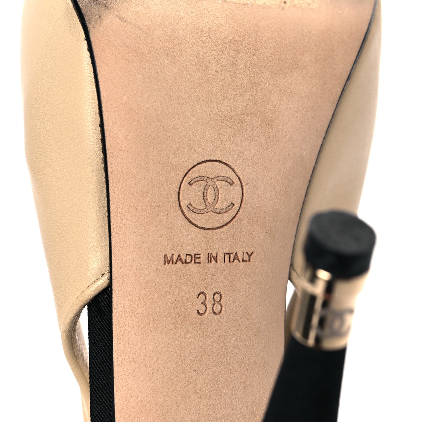 Lambskin Grosgrain Cap Toe CC Slingback Pumps 38 Beige Black