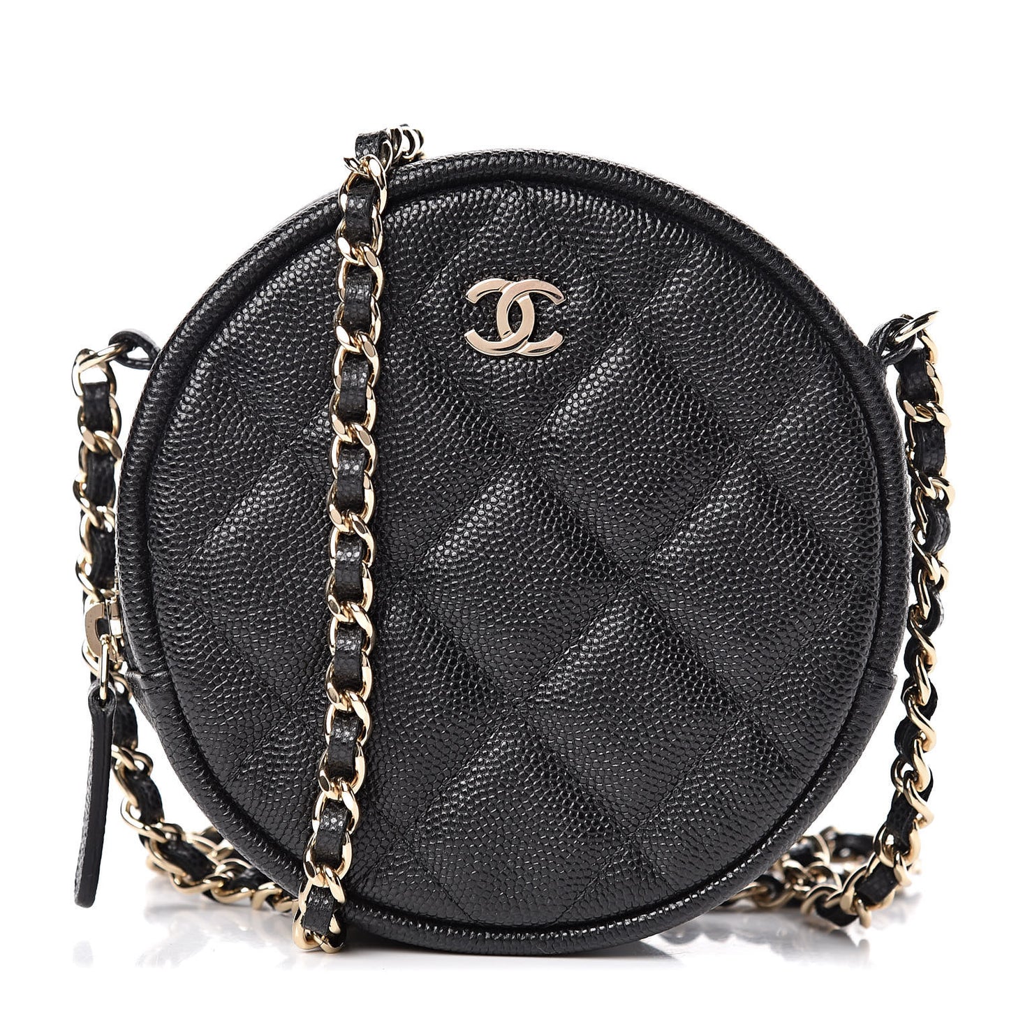 Caviar Quilted Round Clutch With Chain Black