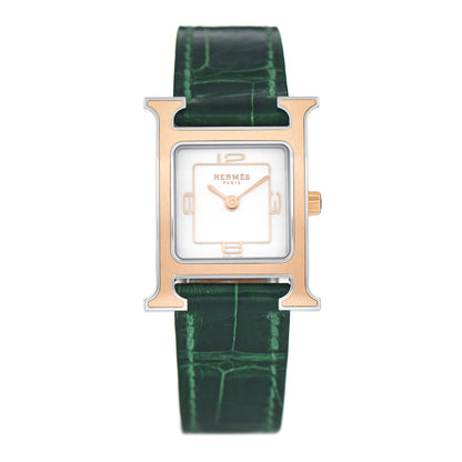 Hermes Stainless Steel Alligator Mother of Pearl 21mm Heure H Hour Quartz Watch Vert Moyen 1 of 5