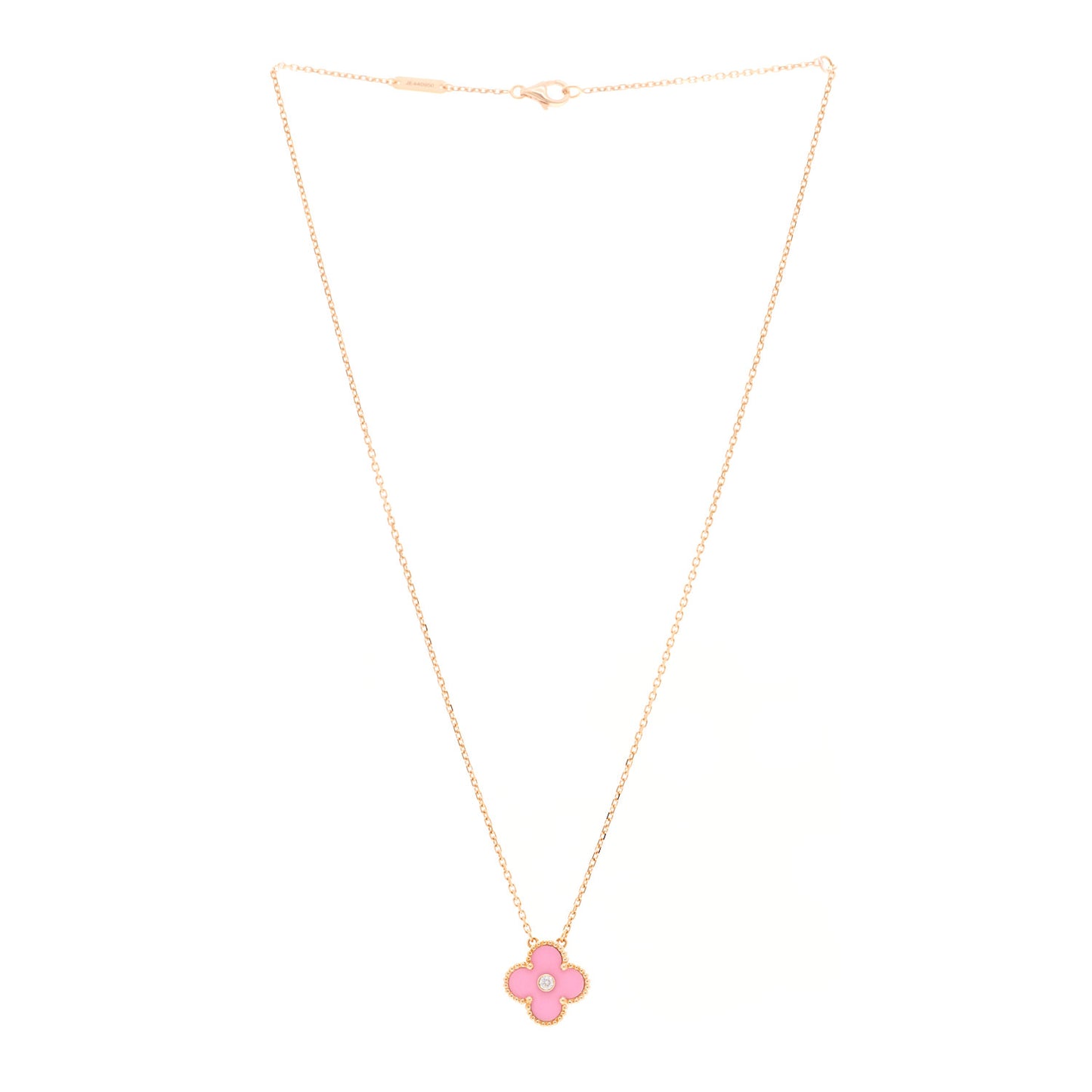 18K Rose Gold Diamond Pink Porcelain Vintage Alhambra Pendant Necklace
