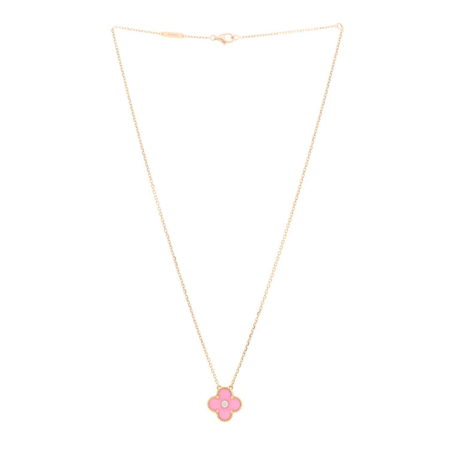 Van Cleef & Arpels 18K Rose Gold Diamond Pink Porcelain Vintage Alhambra Pendant Necklace 3 of 5