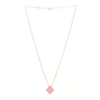 Van Cleef & Arpels 18K Rose Gold Diamond Pink Porcelain Vintage Alhambra Pendant Necklace 3 of 5