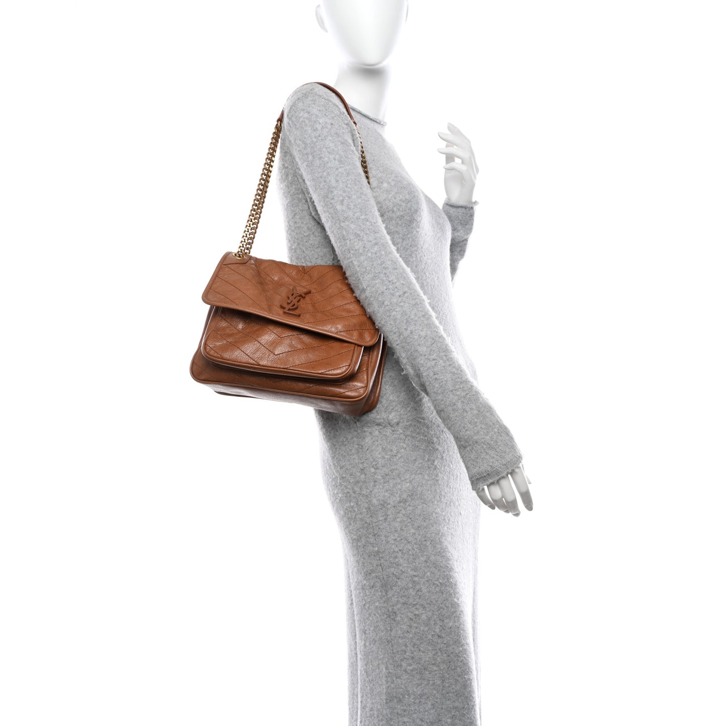 Crinkled Calfskin Matelasse Monogram Medium Niki Chain Satchel Caramel