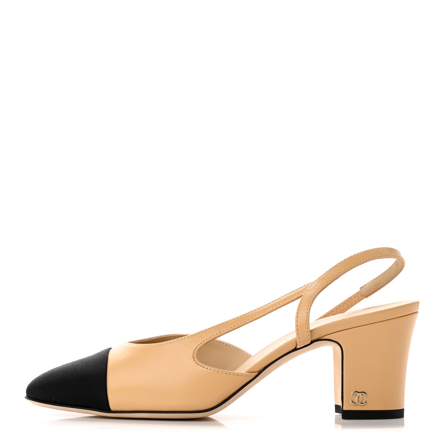 Chanel Goatskin Grosgrain Cap Toe CC Slingback Pumps 37.5 Beige Black 1 of 11