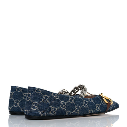Gucci New Denim GG Monogram Deva Horsebit Chain Embellished Flats 38 Blue Tea 3 of 8