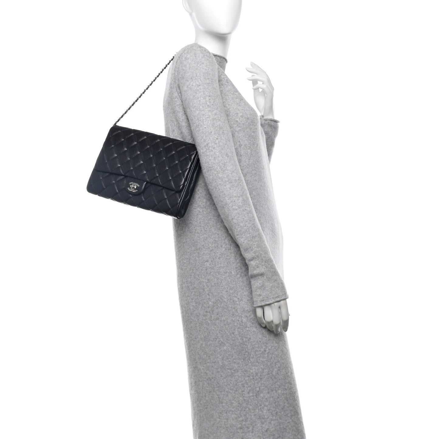 Caviar Quilted Clutch With Chain Flap Navy Blue