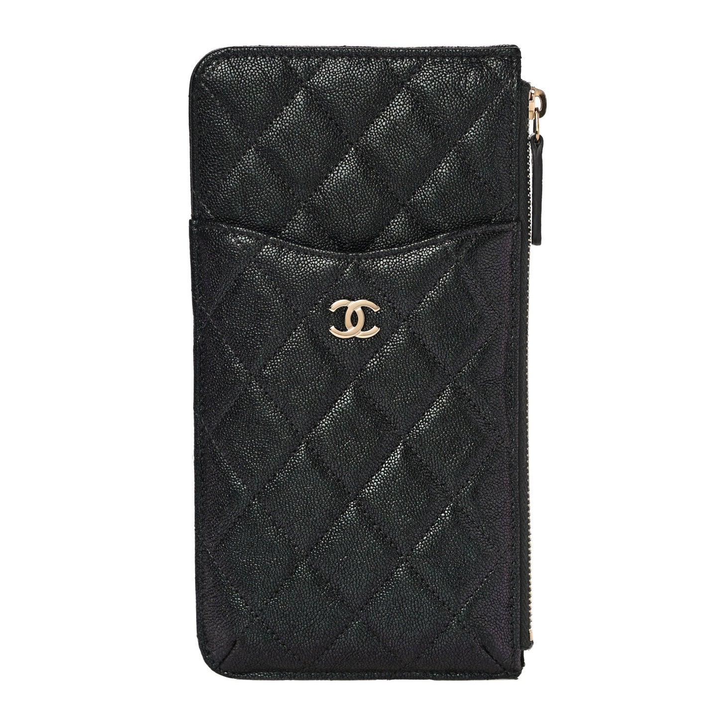 Iridescent Caviar Quilted Classic Flat Wallet Pouch Black
