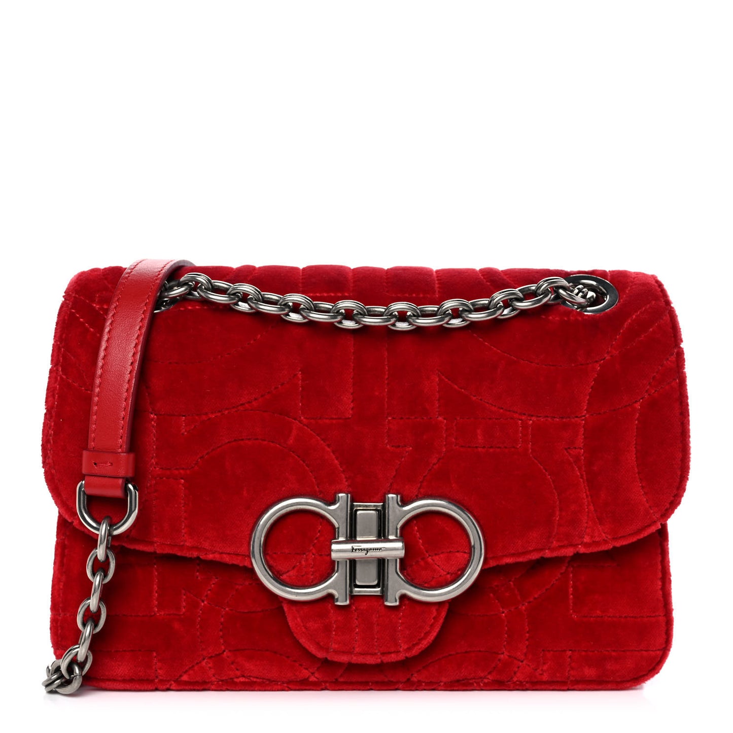 Velvet Quilted Gancini Flap Bag Red
