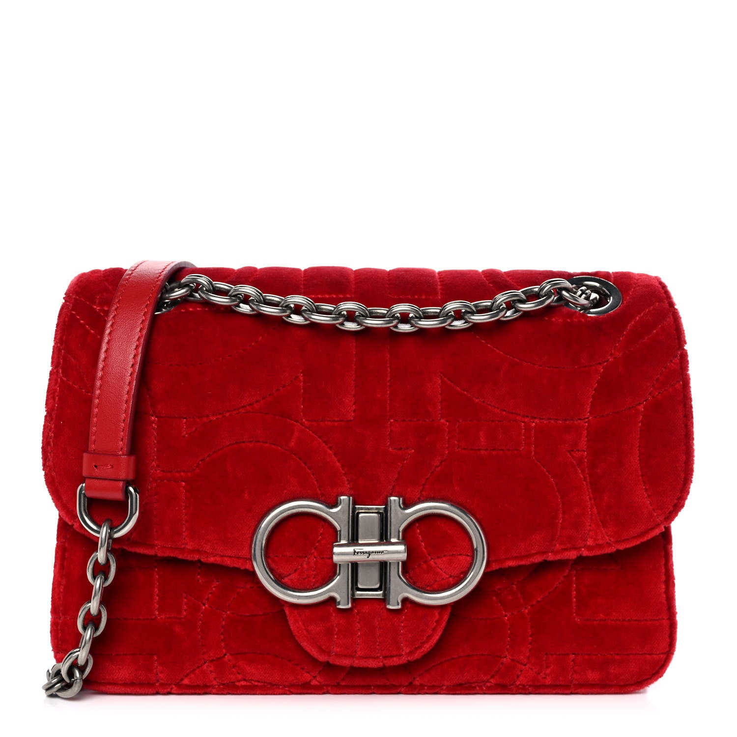 Salvatore Ferragamo Velvet Quilted Gancini Flap Bag Red 1 of 13