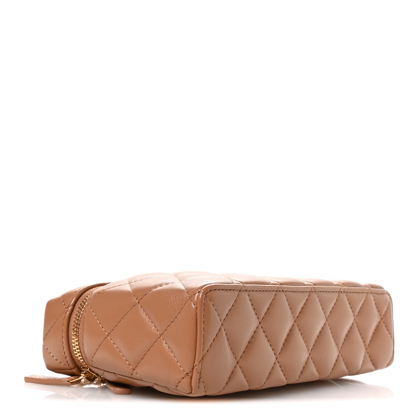Lambskin Quilted Crystal Ridged CC Top Handle Slim Vanity Case With Chain Brown